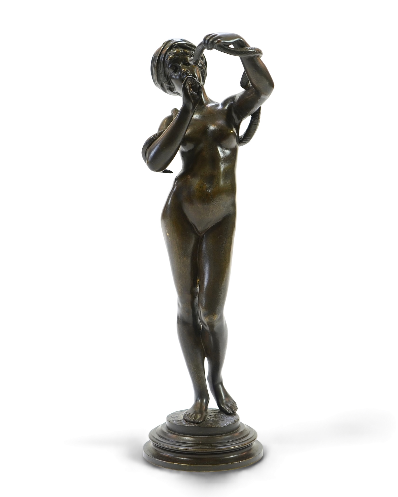 Josef Wind (German, 1864-1889). A patinated bronze of a nude female snake charmer